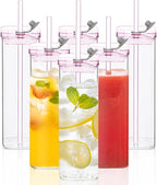 6PCS Pink Square Drinking Glass Cups, 17 Oz Modern Glassware with Lids & Straws - Old Fashioned Cocktail Glasses for Juice, Iced Coffee, Bubble Tea, Party Drinkware