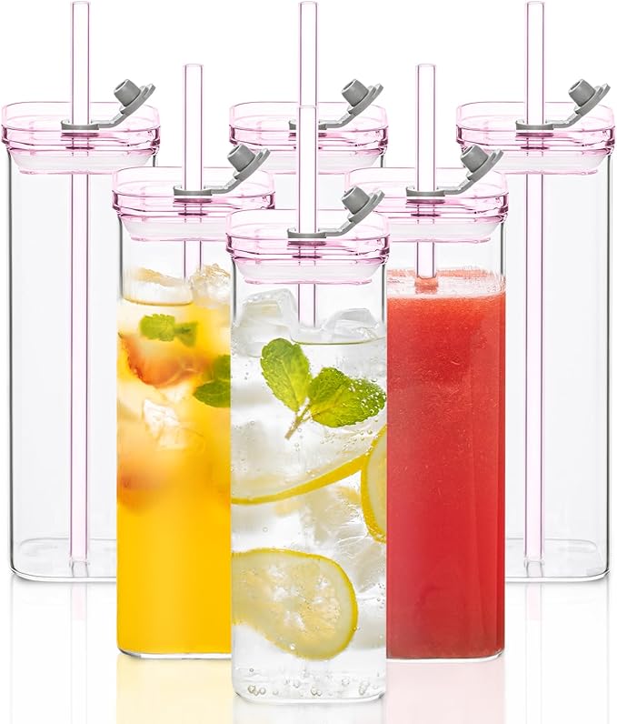 6PCS Pink Square Drinking Glass Cups, 17 Oz Modern Glassware with Lids & Straws - Old Fashioned Cocktail Glasses for Juice, Iced Coffee, Bubble Tea, Party Drinkware
