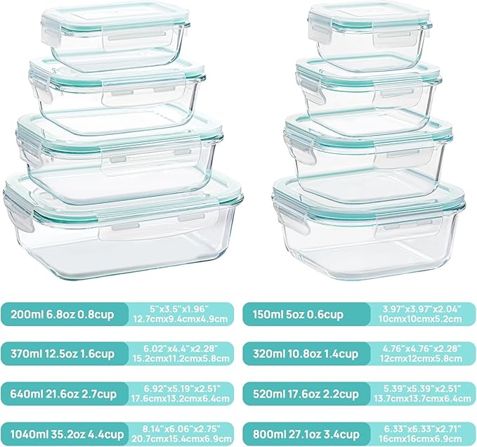 Vtopmart 8 Pack Glass Food Storage Containers with Airtight Lids, Glass Meal Prep Containers, Lunch Office Meal for Microwave, Oven, Freezer and Dishwasher, BPA Free