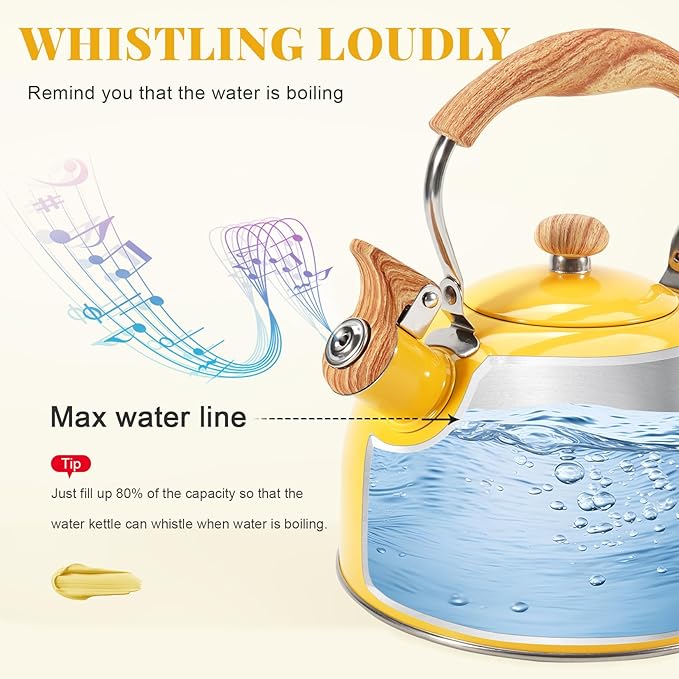 GGC Whistling Tea Kettle for Stove Top, 85OZ/2.6QT Stainless Steel Tea Kettles for Boiling Water Milik or Coffee, Yellow Tea Pots with Wood Pattern Folding Handle, Thumb Design Control Kettle Outlet