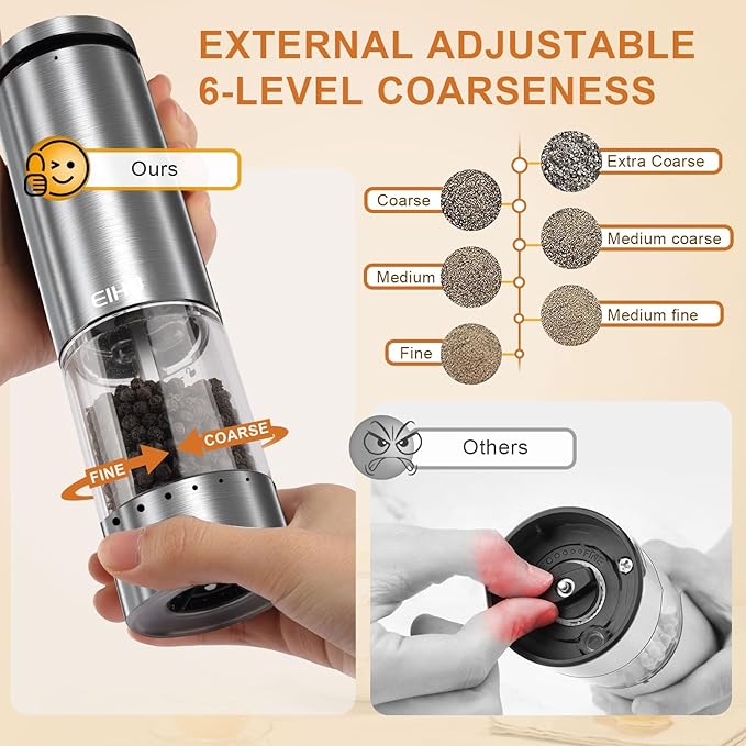 Electric Salt and Pepper Grinder Set Rechargeable, Automatic Salt and Pepper Shakers Mills External Adjustable Coarseness, Kitchen Gadgets, Stocking Stuffers Christmas Cooking Gifts for Men Women