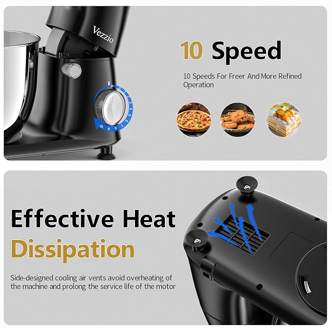 Vezzio Stand Mixer,6 Quarts,10-Speed Tilt-Head,Kitchen Food Mixer with Stainless Steel Bowl,Dough Hook,Whisk, Beater,Egg White Separator (Black)