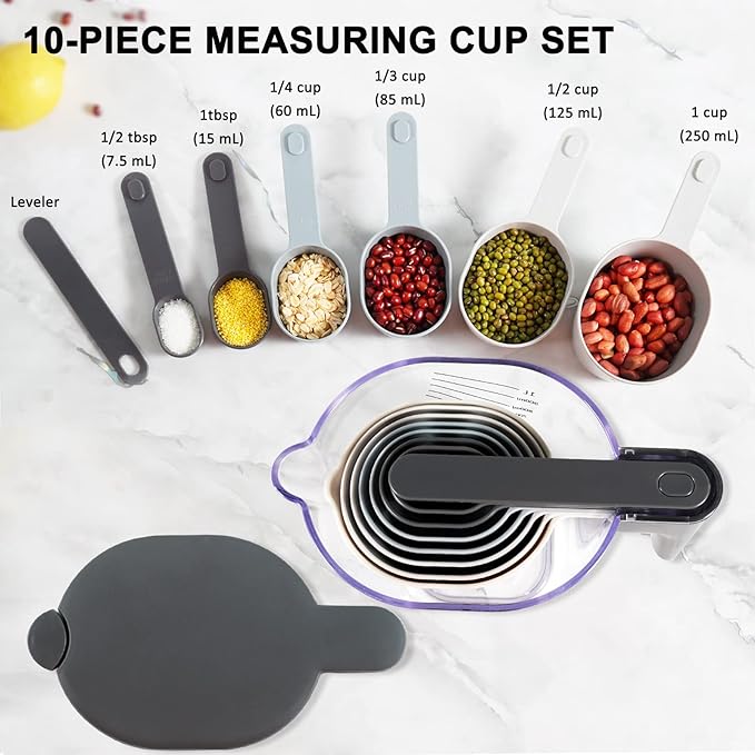 19 Pieces Measuring Cups and Spoons set, Includes 10 Stackable Measuring Cup with Lid and 9 Magnetic Measuring Spoons, Tablespoon for Liquid and Dry, BPA Free, Dishwasher Safe (Black)