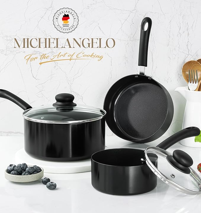 MICHELANGELO Nonstick Saucepan with Lid, Ceramic Sauce Pan Sets, Easy to Clean Sauce Pans, Multi-Purpose Cooking Pots, 1QT & 2QT & 3QT, Black