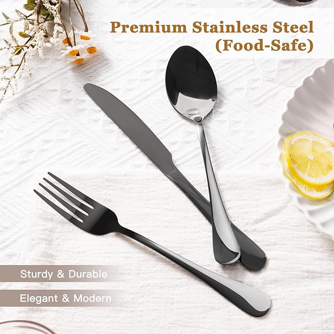 Astercook 24-Piece Black Silverware Set with Steak Knives Flatware Set for 4 Food-Grade Stainless Steel Cutlery Set Mirror Polished Utensils Set Include Spoons and Forks for Home Kitchen Restaurant