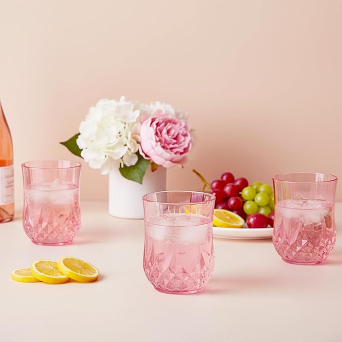 12 Pack Plastic Stemless Wine Glasses,12oz Unbreakable Vintage Elegant Drinking Glass Set,Reusable Fancy Cocktail Cups for Party, Wedding, and Bulk Events (12, 12oz-Pink)