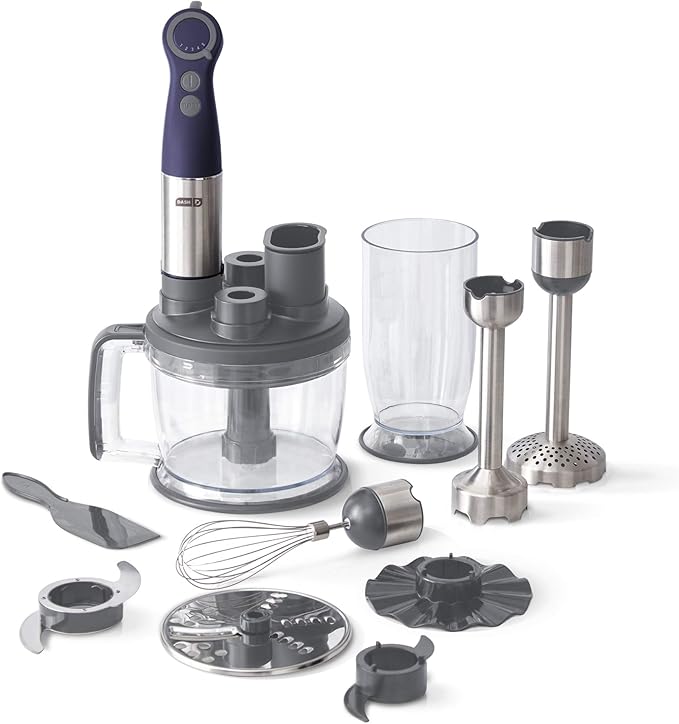 Dash Chef Series Deluxe Immersion Hand Blender, 5 Speed Stick Blender with Stainless Steel Blades, Dough Hooks, Food Processor, Grate, Mash, Slice, Whisk Attachments and Recipe Guide – Midnight