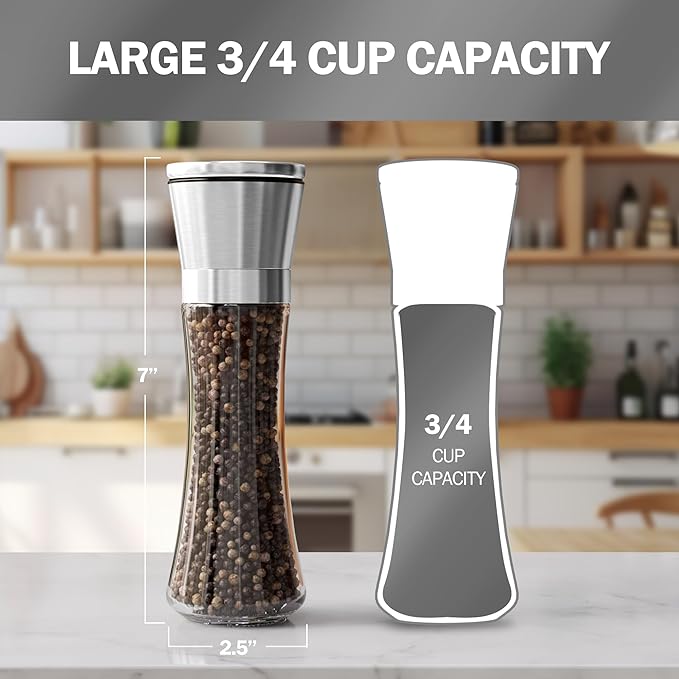 HOME EC Original Stainless Steel Salt or Pepper Grinder 1pk - Adjustable Ceramic Sea Salt Grinder or Pepper Mill - Tall Glass Spice Shaker - Spice Mill w/EBook