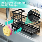 HapiRm Sponge Holder for Kitchen Sink - Self-draining Sink Caddy with Smiley Face and Brush Holder, Stainless Steel Kitchen Organizer for Countertop - Black