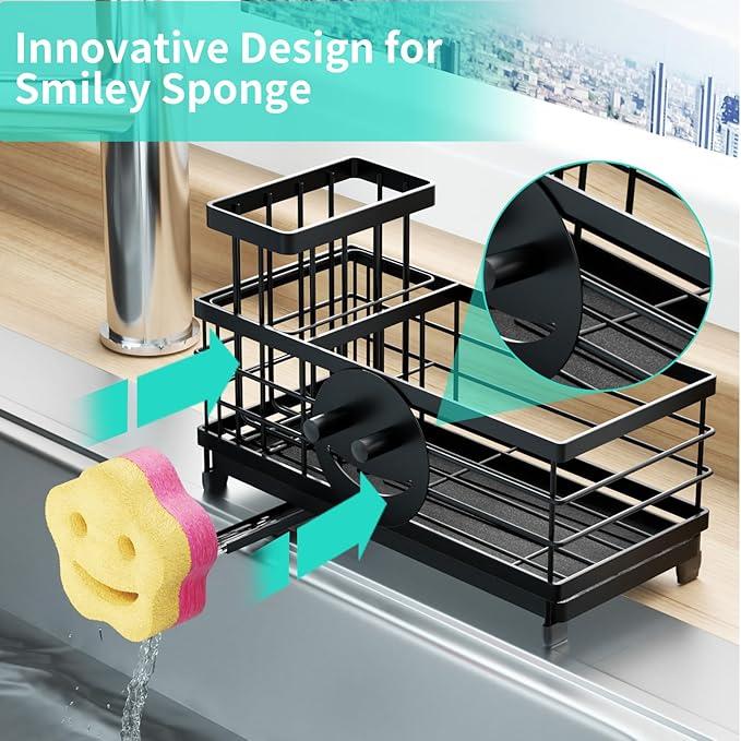HapiRm Sponge Holder for Kitchen Sink - Self-draining Sink Caddy with Smiley Face and Brush Holder, Stainless Steel Kitchen Organizer for Countertop - Black