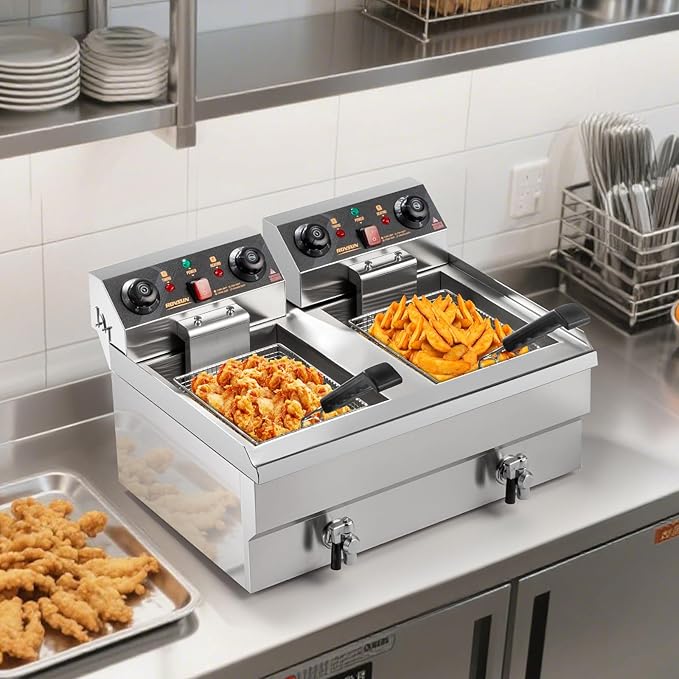 ROVSUN 24.9QT Electric Deep Fryer with Baskets, Timer Drains & Lids, 3400W Commercial Deep Fryer, Dual Tank Kitchen Countertop Frying Machine, Adjustable Temperature for Home Restaurant