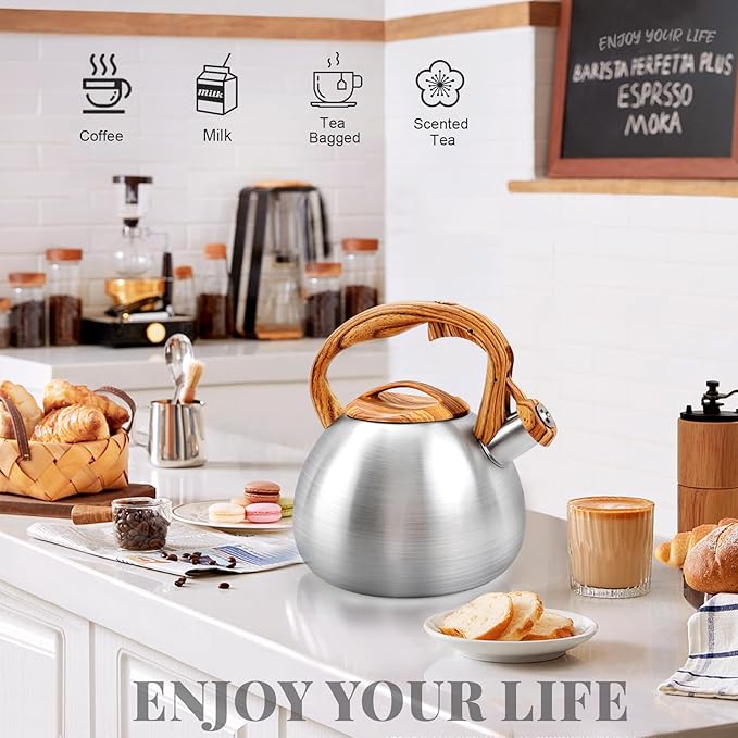 GGC Tea Kettle for Stove Top, 3.1QT/3L Whistling Tea Kettles for Boiling Water Coffee or Milk, Stainless Steel kettle Pot with Wood Parttern Handle for Home and Kitchen