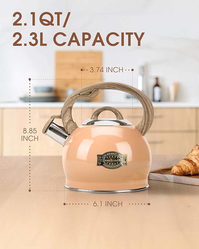 Tea Kettle Stovetop, 2.1 Quart Stove Top Whistling Tea Kettle, Teapot Kettles with Food Grade Stainless Steel and Wood Pattern Folding Handle, Suitable for All Heat Sources