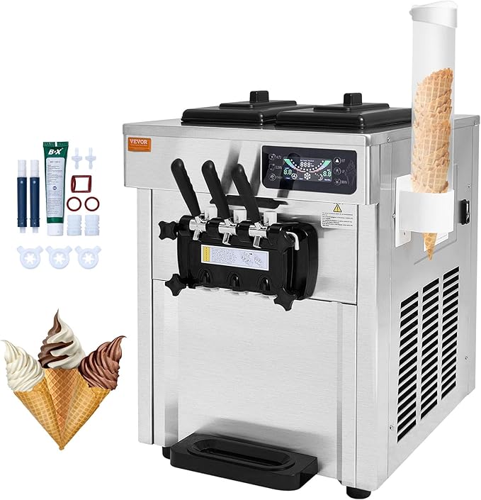 VEVOR Commercial Ice Cream Machine, 18-28 L/H Yield, 1850W 3-Flavor Countertop Soft Serve Ice Cream Maker, 2 x 5.5L Stainless Steel Cylinder, LED Panel Auto Clean Pre-cooling, for Restaurant Bars