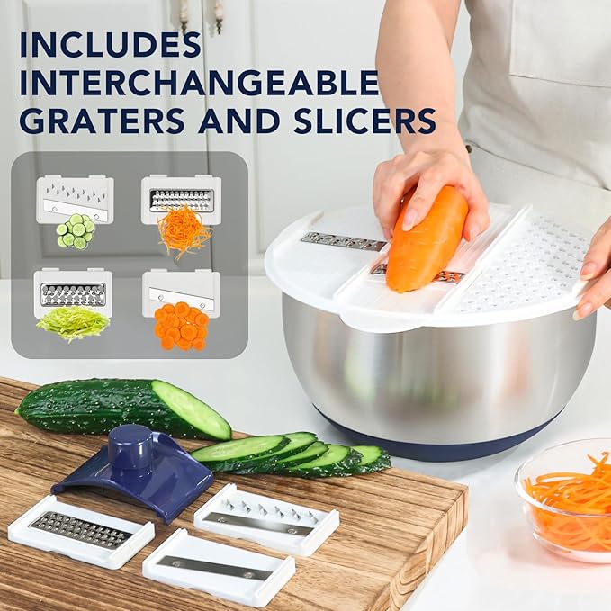 Rorence 3 in 1 Stainless Steel Pump Salad Spinner Food Chopper Set: Large Collapsible Lettuce Spinner, Chopper for Vegetable Slicer and Dicer, 5 QT Mixing Bowl with 5 Graters