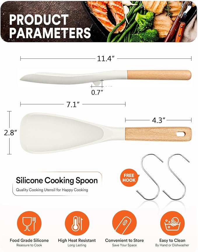 Cooking Spoon for Nonstick Cookwares, Great for Cooking and Serving Sturdy BPA-Free Matte Silicone, Wood Handle Spoon for Mixing, Scoop, and Scrape (2 Pack of White, 11.4 inch)
