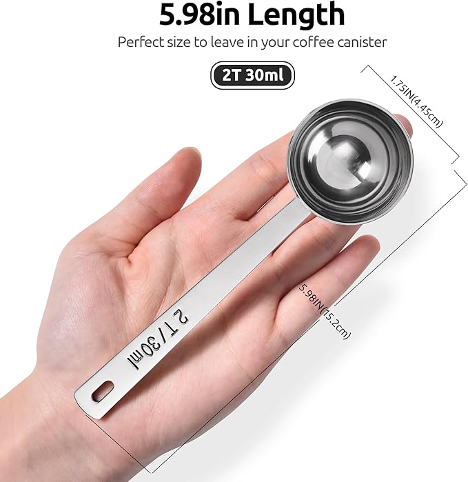 U-Taste Coffee Scoop 2 Tablespoon: 18/8 Stainless Steel Measuring Scooper for Ground Coffee, Bean, Powder, Espresso, 4.3in Long Handle Metal Measure Spoon for Canister, Jar (2Tbsp/30ml)