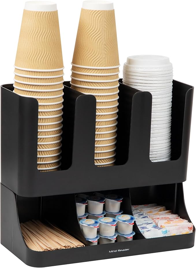 Mind Reader Cup and Condiment Station, Countertop Coffee Bar Organizer with 6 Compartments, Storage Caddy for Cups Lids and Packets, Plastic, Black
