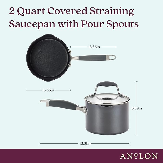 Anolon Advanced Home Hard Anodized Nonstick Sauce Pan/Saucepan with Straining and Lid, 2 Quart (2 Qt Straining Saucepan, Moonstone)