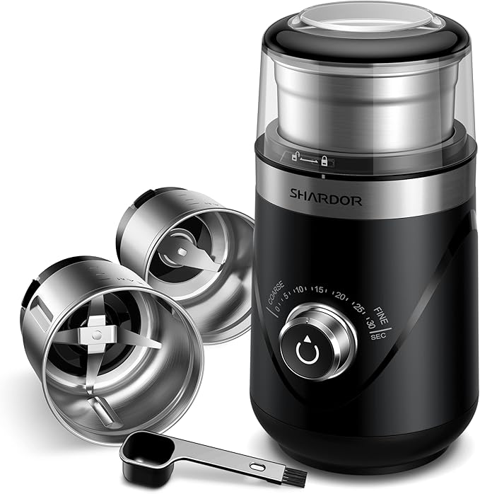 SHARDOR Electric Super Silent Blade Coffee Grinder, Timed Grind Control Rotary Knob, Adjustable Coarse to Fine for Coffee Beans, Spices & Herbs, with 2 Removable Stainless Steel Bowl, Black
