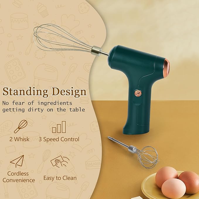 Cordless Hand Mixer, Handheld Electric Whisk with 3 Speed Modes, Hand Held Egg Beater with 2 Detachable Stir Whisks (Green)