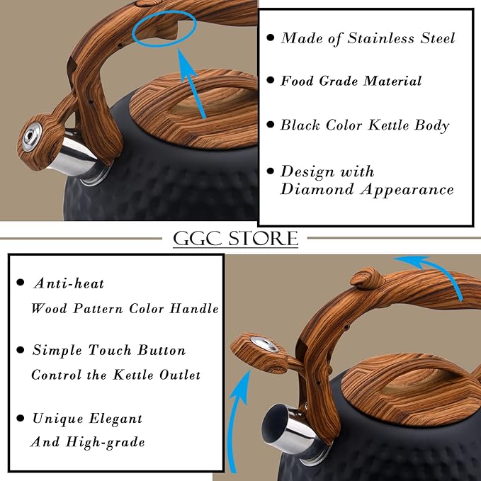 GGC Tea Kettle for Stove Top, Loud Whistling Kettle for Boiling Water Coffee or Milk, 3.1 Quart 3L Heavy Stainless Steel Black Kettle with Wood Pattern Handle, Unique Button Control Kettle Outlet