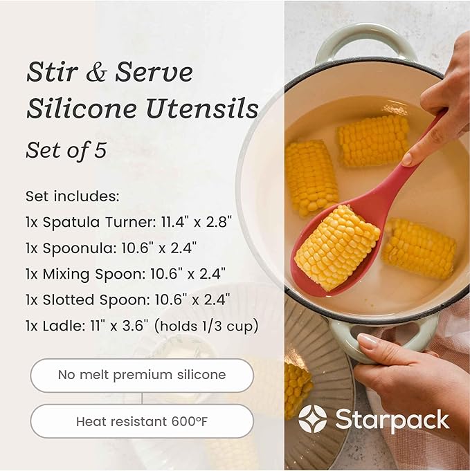 Starpack 'Stir & Serve' Silicone Cooking Utensils Set (5 Pcs) - 10.5" - Kitchen Utensil Set Heat Resistant to 600°F - Kitchen Utensils for Nonstick Cookware - Silicone Utensil Set for Mixing & Cooking