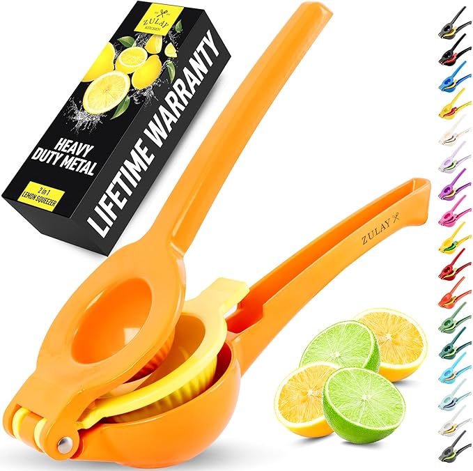 Zulay Kitchen Metal 2-in-1 Lemon Squeezer - Sturdy Max Extraction Hand Juicer Lemon Squeezer Gets Every Last Drop - Easy to Clean Manual Citrus Juicer - Easy-Use Lemon Juicer Squeezer - Orange/Yellow