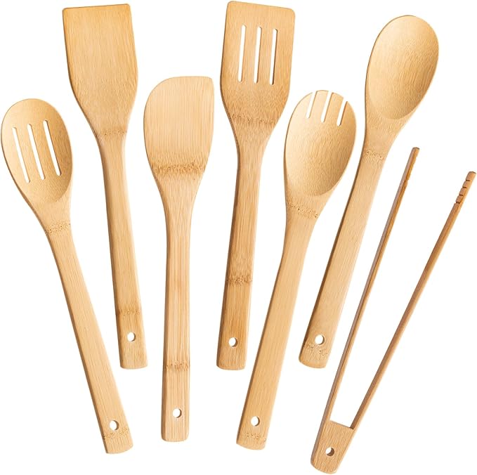 Eisinly Wooden Spoons for Cooking 7-Piece, Kitchen Nonstick Bamboo Cooking Utensils Set, Durability Wooden Spatula Spoon for Everyday Use, Smooth Edge
