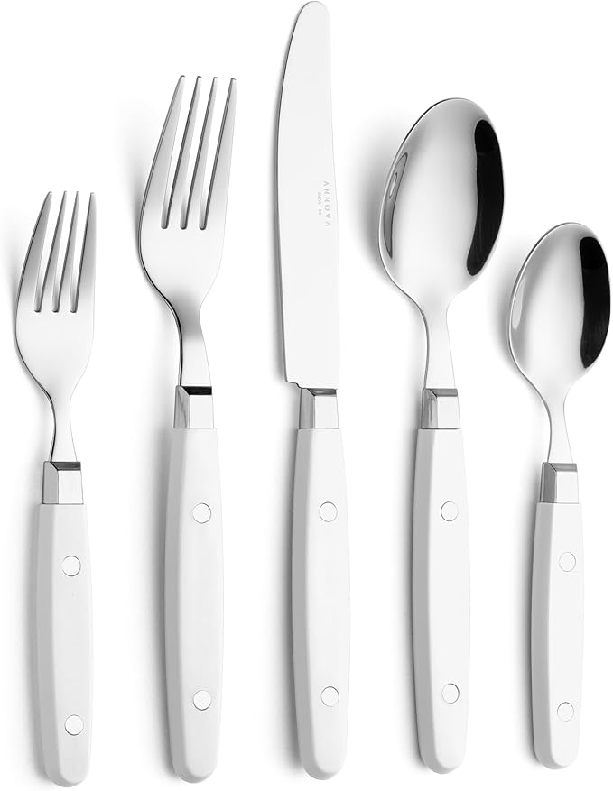 ANNOVA Silverware Set, Retro/Rivet Colorful Stainless Steel Tableware Kitchen Flatware Set Utensils, Includes Dinner Knives, Forks, Spoons, Salad Forks & Dessert Spoons (White, 20 Pieces)