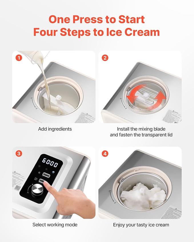 VEVOR Automatic Ice Cream Maker with Built-in Compressor, 2 Quart No Pre-freezing Gelato Maker, Electric Sorbet-Maker, 3 Modes Compressor Ice Cream Machine for Home Kitchen
