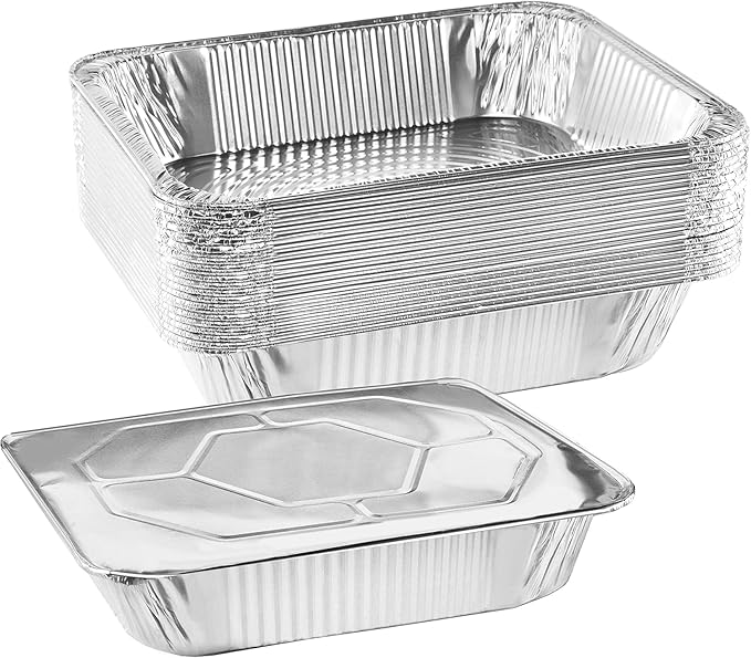 NYHI 9x13 Disposable Aluminum Foil Pans With Lids Large Half Size Deep Steam Pan and Oven Buffet Trays Food Containers for Catering Baking Roasting (25)