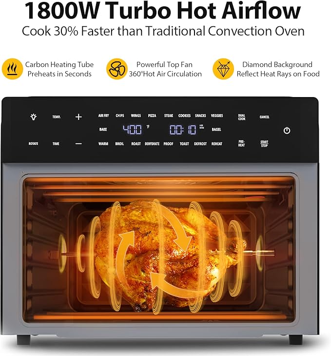 Beelicious 32QT Extra Large Air Fryer, 19-In-1 Air Fryer Toaster Oven Combo with Rotisserie and Dehydrator, Digital Convection Oven Countertop Airfryer Fit 13" Pizza, 6 Accessories, 1800w, Black
