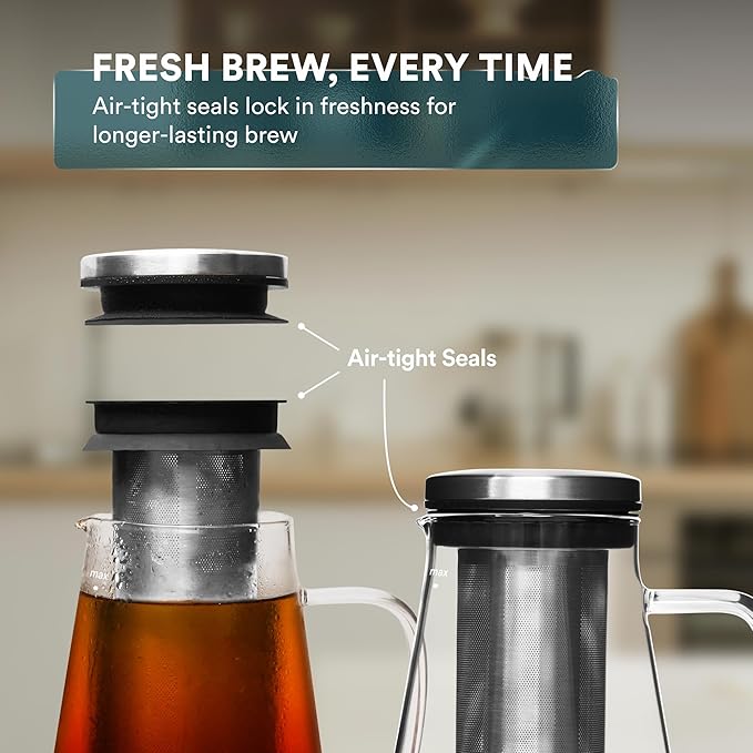 OVALWARE Airtight Cold Brew Iced Coffee Maker Pitcher (& Iced Tea Maker) with Spout – 1.5L/ 51oz Brewing Glass Carafe with Removable Stainless Steel Filter