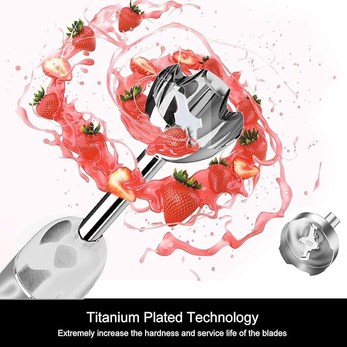 MegaWise Pro Titanium Reinforced 3-in-1 Immersion Hand Blender, Powerful Copper Motor with 80% Sharper Blades, 12-Speed Corded Blender, Including Dish Washer Safe Whisk and Milk Frother