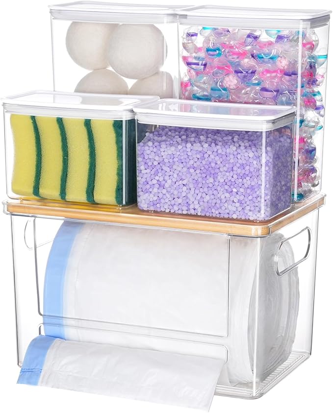 Trash Bag Dispenser Dishwasher Pods Container, 5 in 1 Garbage Bags Holder Under Sink Organizer Acrylic Laundry Pod Detergent Powder Container, Kitchen Pantry Laundry Room Organization Storage