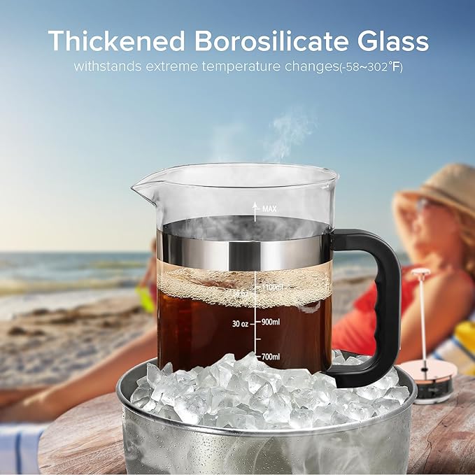 QUQIYSO French Press Coffee Maker 51oz 304 Stainless Steel French Press with 4 Filter, Heat Resistant Durable, Easy to Clean, Borosilicate Glass Coffee Press, Sliver