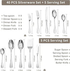 KINGSTONE 45 Piece Silverware Set for 8 with Serving Utensils, 18/10 Stainless Steel Flatware Set, Modern Design Cutlery Set for Home/Hotel/Wedding,Mirror Polished and Dishwasher Safe