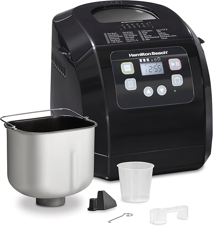 Hamilton Beach Automatic Bread Maker Machine, Digital, Programmable, 12 Settings + Gluten Free, PFAS-Free Nonstick Pan + Kneading Paddle, 2 lb Capacity, Black