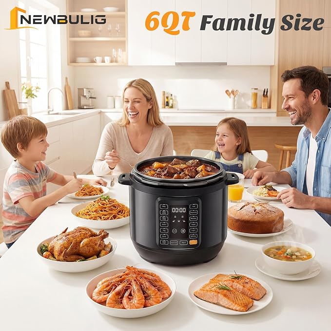 NEWBULIG 16-in-1 Electric Pressure Cooker, 6QT Multi Cooker with 12 Presets, Slow Cook Rice Steamer Sauté Soup Meat Stew Canning Yogurt Maker, Ceramic Inner Pot & Recipe Book Included, Black