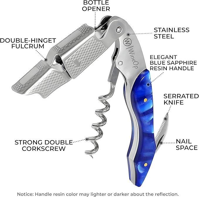 WineOp Professional Wine Opener Luxury Double Hinged Waiter's Corkscrew Wine Bottle Key - Cork screwer for Servers, Bartenders, Sommelier and Home Use | All-In-One Stainless Steel (Blue Resin)