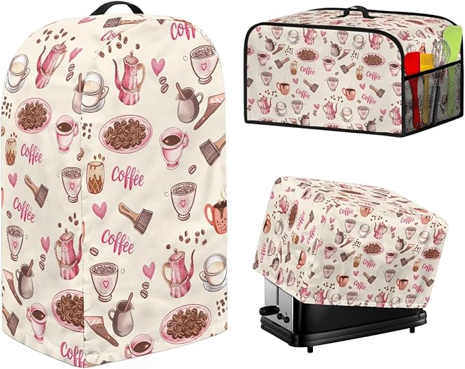 Pink Coffee Theme Kitchen Appliance Covers Set Toaster Cover 2 Slice Food Processor Hood Crock Pot Dust Cover with Side Pockets Machine Washable 3PCS