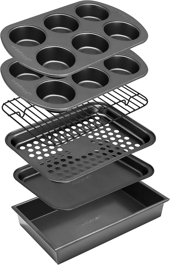 NutriChef 6-Piece Toaster Oven Bakeware Set, Compact Non-Stick Stackable Baking Pan Set with Muffin Pans, Roasting Tray & Baking Sheets, Durable Stain-Resistant Carbon Steel Design for Toaster Ovens