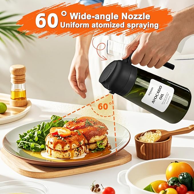 mqnxoi 2 in 1 Glass Oil Sprayer & Dispenser,16oz/470ml Olive Cooking, Air Fryer, and Salad, for Kitchen Gadgets and Air Fryer Accessories, w/Stickers (Black + Dark Green Bottle 2)