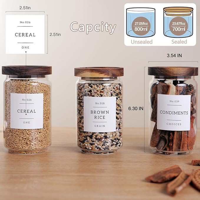 6 Set Glass Pantry Storage Jars with Acacia Airtight Lid - 23oz Thicken Glass Kitchen Canisters with 132 Pantry Labels - Clear Glass Food Storage Containers with Wood Lid for Tea,Sugar,Cookie,Coffee