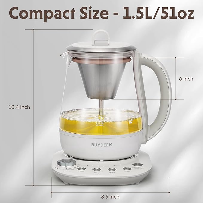 BUYDEEM K156 Tea Maker, Electric Kettle for Coffee and Tea Brewer, 6 Brew Strength Selection for Extracting, 4 Temperature Settings, Boil Dry Protection, 2 Hours Auto Keep Warm, Oat White, 1.5L/1.6QT