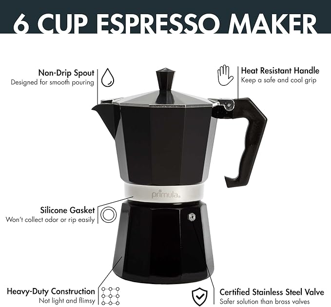 Primula Classic Stovetop Espresso and Coffee Maker, Moka Pot for Italian and Cuban Café Brewing, Greca Coffee Maker, Cafeteras, 6 Espresso Cups, Black