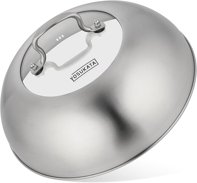 YOSUKATA Wok Lid 11.4 In - Premium Stainless Wok Cover with Tempered Glass Insert Steam Holes and Ergonomic Handle - Durable Wok Accessories - Dishwasher-Safe Lid for 11.8-In Wok - Chees Melting Dome