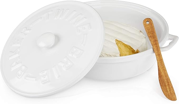 Twine Ceramic Brie Baker with Acacia Wood Spreader, Brie Baking Dish with Lid, Brie Cheese Baking Dish, Ceramic Bakeware, White, Set of 1