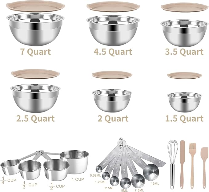 Mixing Bowls Set, 27PCS Khaki Mixing Bowls With Lids Set Stainless Steel Kitchen Large Nesting Metal Bowl 7QT to 1.5QT, Measuring Cups and Spoons for Prepping Cooking Serving